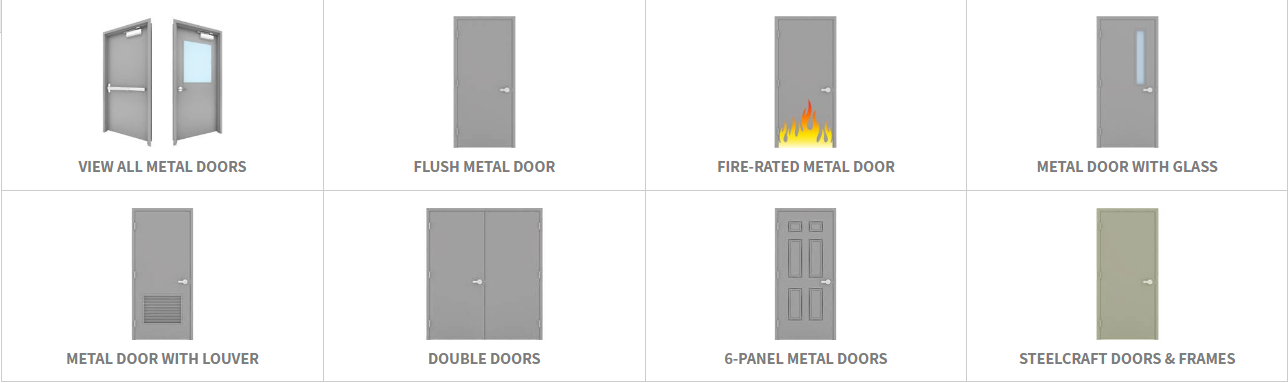 Fire door product brochure, showing 8 common types of fire doors