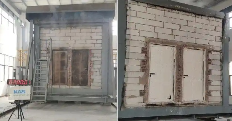 Pictures showing the front and back of the fire door fire resistance limit test